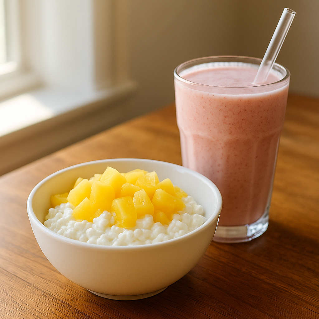 Pineapple Cottage Cheese Bowl + Strawberry Cheesecake Shake